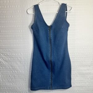 7th & Hudson Women's Denim Mini Dress M Front Zip Sleeveless Bodycon Festival